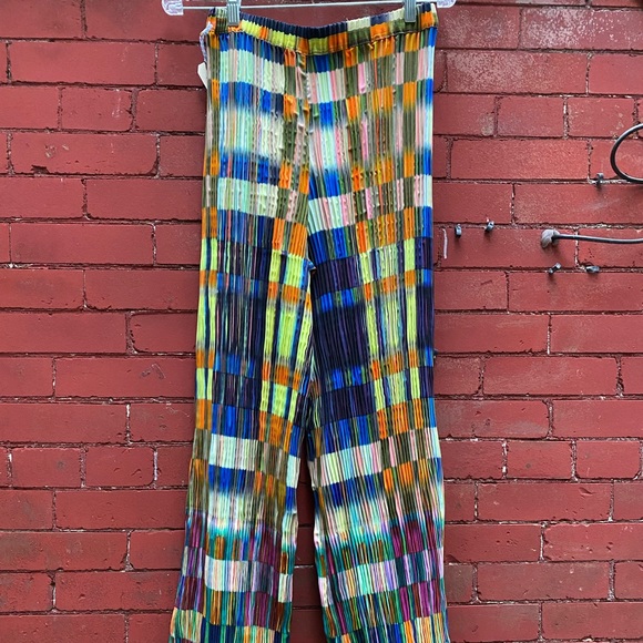 Julia Heuer Crinkle Stretch Pant Bell Wide Leg Rainbow Pride Orange Blue Rave - Picture 3 of 9